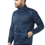 Stunning Navy Blue Polyester Self Pattern Sporty Jacket For Men