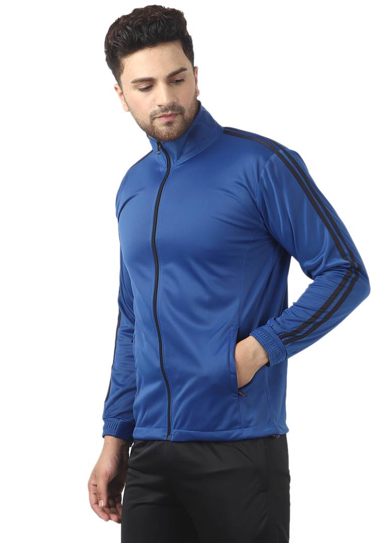 Stunning Blue Polyester Self Pattern Sporty Jacket For Men