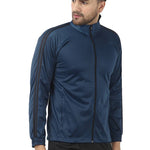 Stunning Navy Blue Polyester Self Pattern Sporty Jacket For Men