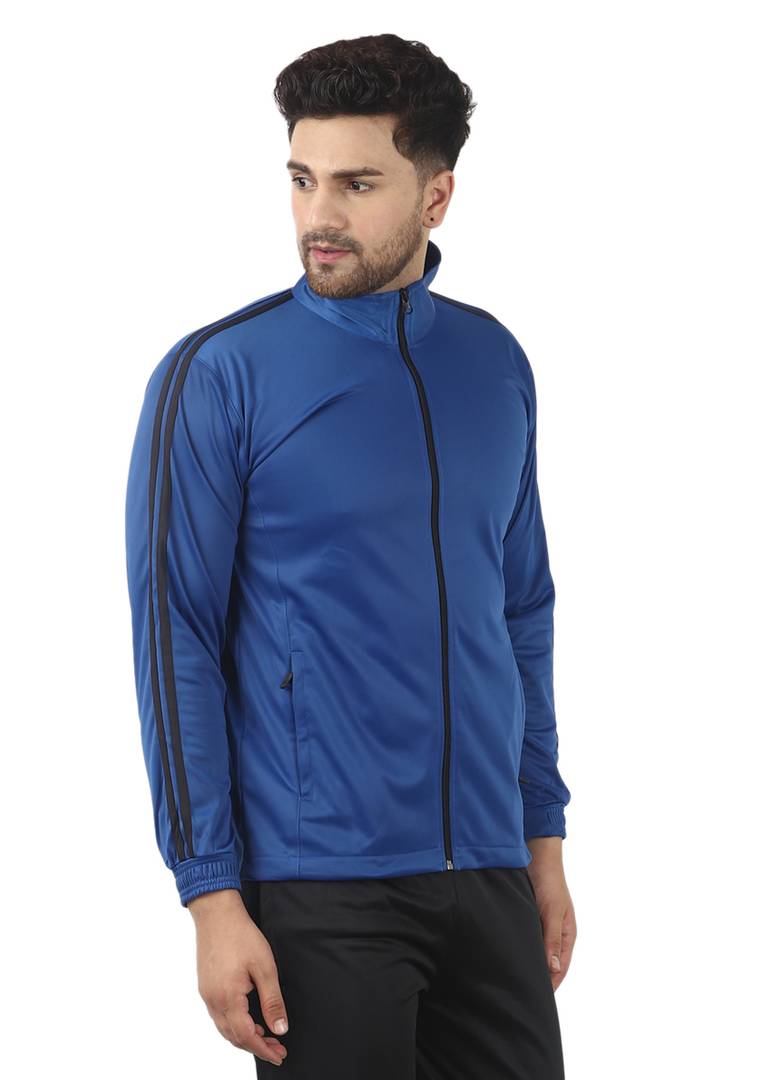 Stunning Blue Polyester Self Pattern Sporty Jacket For Men