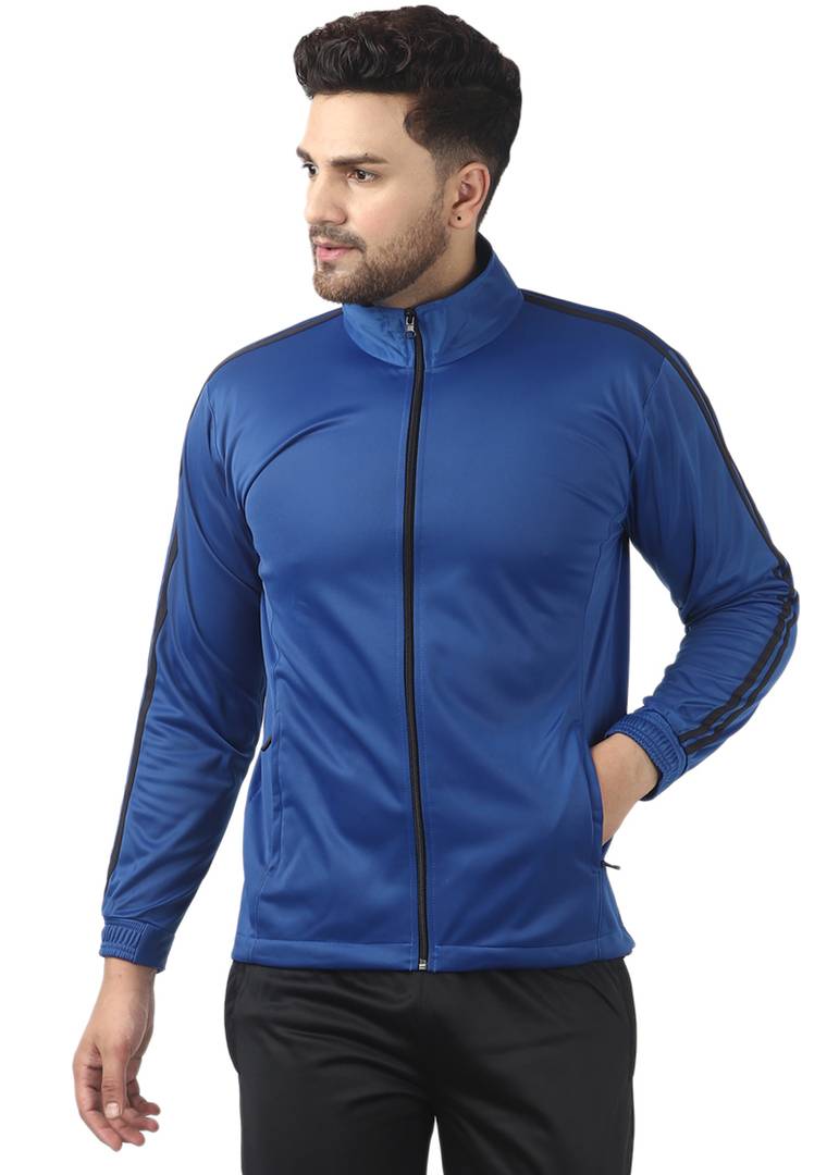 Stunning Blue Polyester Self Pattern Sporty Jacket For Men