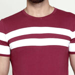 Men's Red Cotton Blend Striped Round Neck Tees