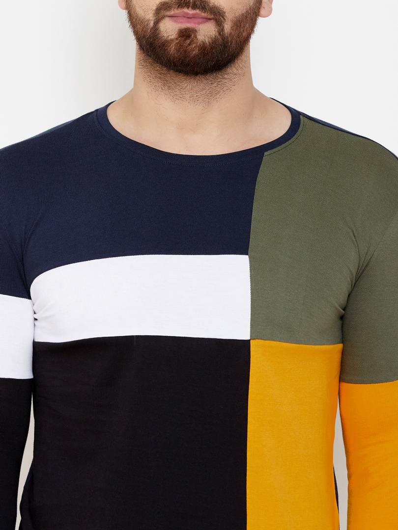 Men's Multicoloured Cotton Blend Colourblocked Round Neck Tees