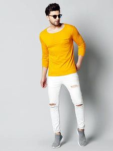 Men's Yellow Cotton Blend Solid Round Neck Tees