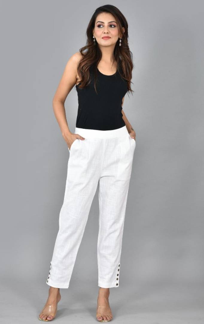 Womens Cotton Slub with Button Work Mid Rise Ankle Length 2 Pocket Elasticated Regular Fit Casual Trouser