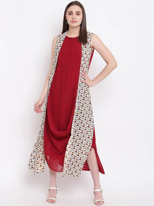 Stylish Maroon Georgette Rayon Solid Kurta with Printed Shrug For Women