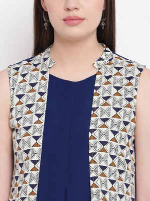 Stunning Navy Blue Georgette Rayon Solid Kurta with Printed Shrug For Women