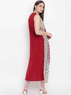 Stylish Maroon Georgette Rayon Solid Kurta with Printed Shrug For Women