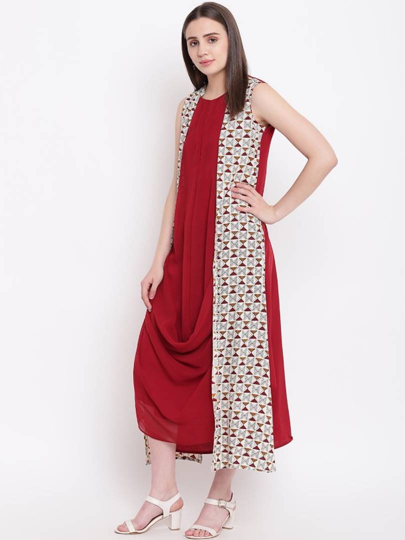 Stylish Maroon Georgette Rayon Solid Kurta with Printed Shrug For Women