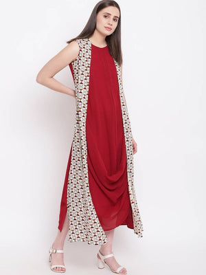 Stylish Maroon Georgette Rayon Solid Kurta with Printed Shrug For Women