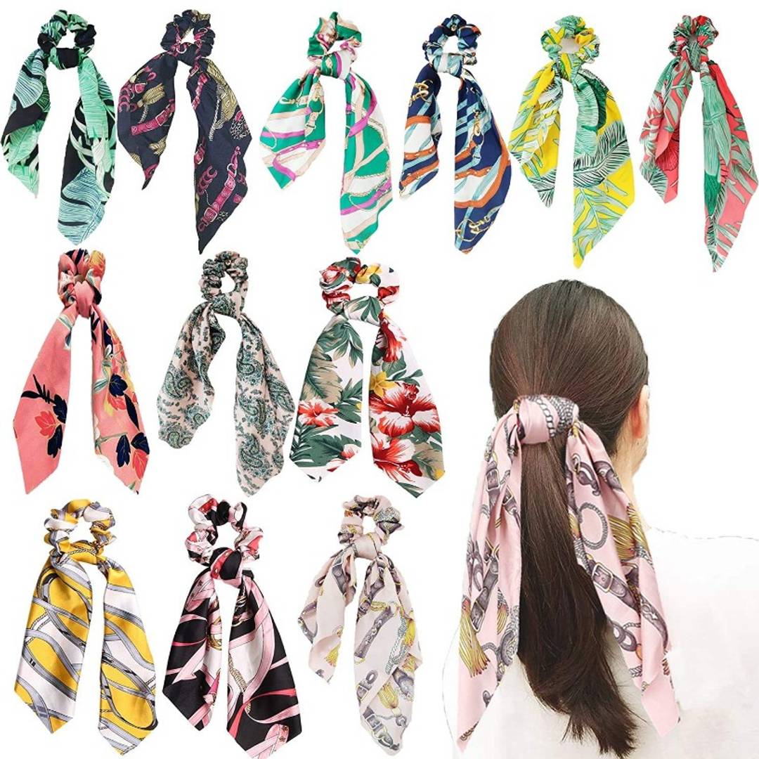 AZEFFIA Women Hair Ribbon Scrunchies Ties Satin Floral Scarf Chiffon Hair Bands Ponytail Holders Scrunchy Girls Elastic Bow Accessories (Multicolor) (PACK OF10 pc) Rubber Band Rubber Band