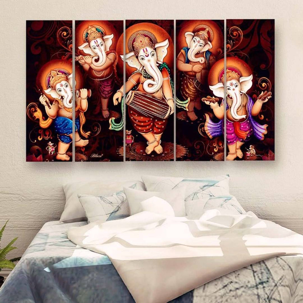 Ganesha Multiple Frames Wall Painting For Living Room, Bedroom, Hotels & Office With Sparkle Touch 7mm Hard Wooden Board (50*30 inches)
