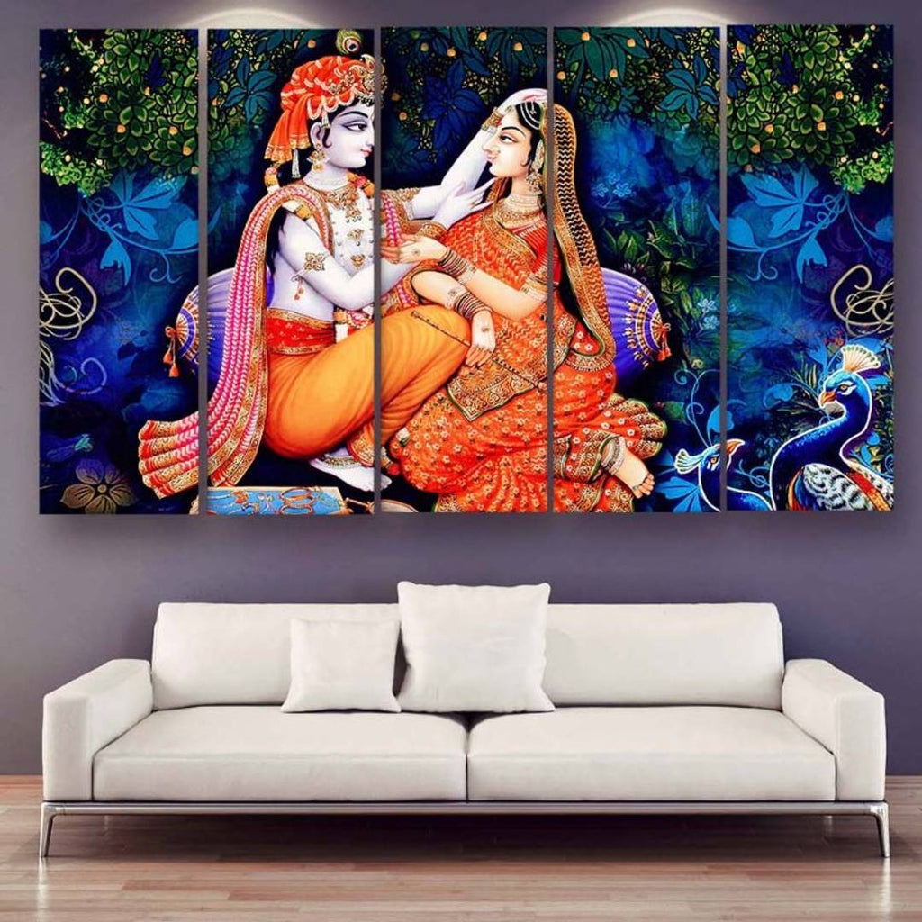 Radha Krishna Multiple Frames Wall Painting For Living Room, Bedroom, Hotels & Office With Sparkle Touch 7mm Hard Wooden Board (50*30 inches)