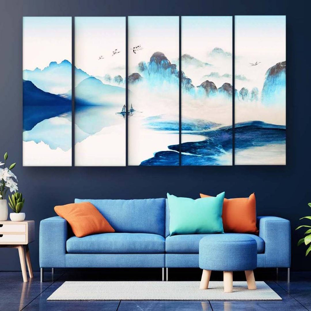 Japanese Art Abstract Multiple Frames Wall Painting For Living Room, Bedroom, Hotels & Office With Sparkle Touch 7mm Hard Wooden Board (50*30 inches)