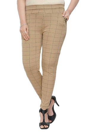 Stylish Cotton Blend White & Beige Checked Elasticated Waist Trouser For Women (Pack Of 2 )