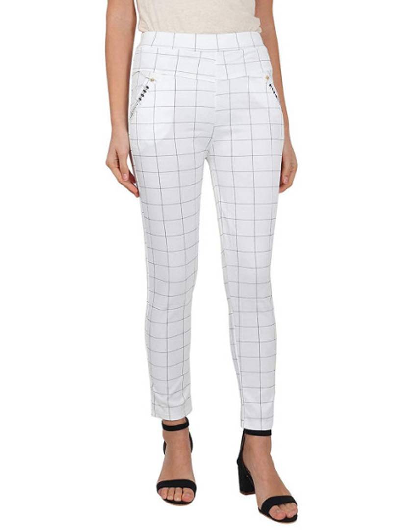 Stylish Cotton Blend White & Beige Checked Elasticated Waist Trouser For Women (Pack Of 2 )