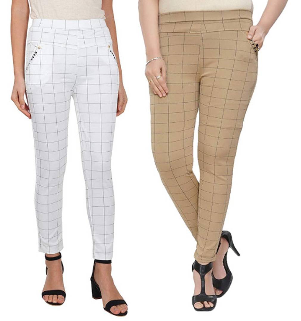 Stylish Cotton Blend White & Beige Checked Elasticated Waist Trouser For Women (Pack Of 2 )
