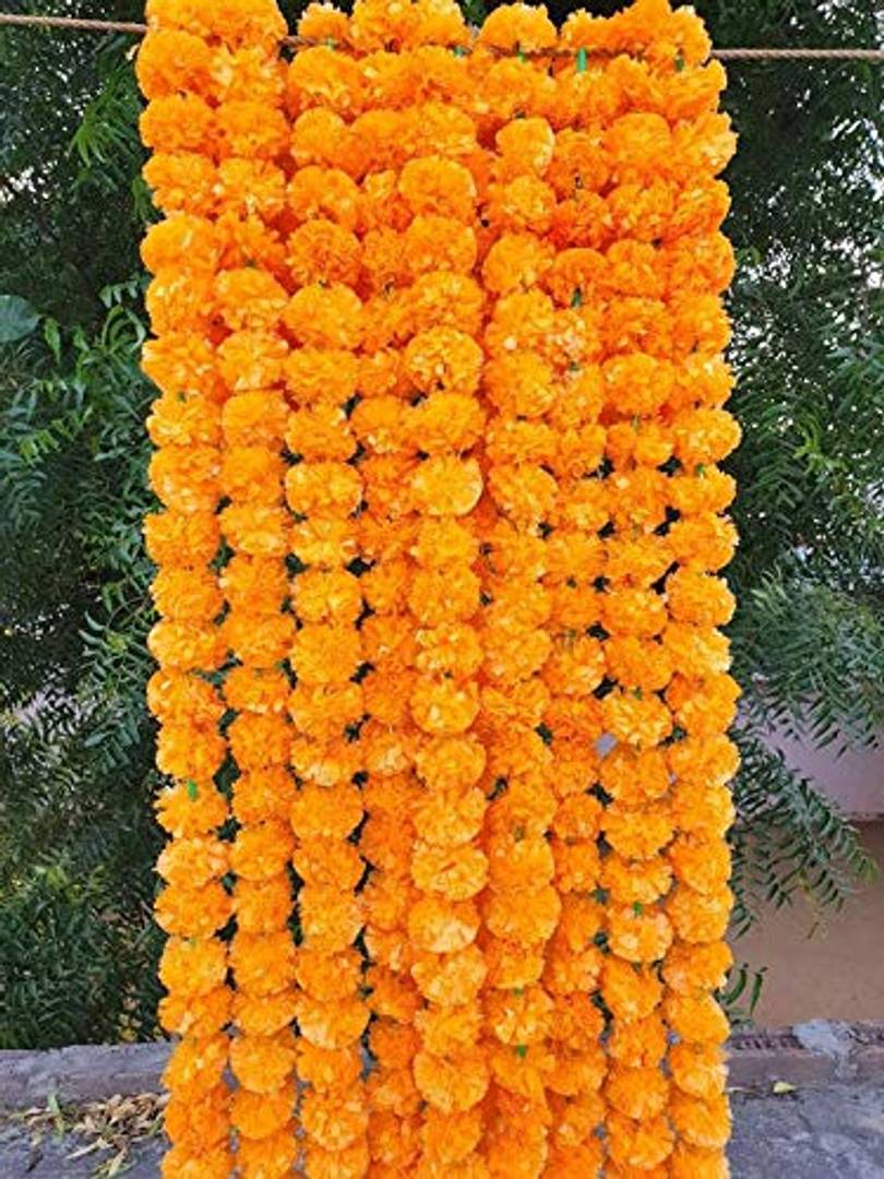 Marigold Flower Mala | Genda Phool Mala (Set Of 8) Wall Hanging | Special Occasion Decoration | Home Decor Pooja | Office | Festival Decorative (4.5 Ft Each) (30 Flower In Each String) Mango Colour