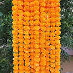 Marigold Flower Mala | Genda Phool Mala (Set Of 8) Wall Hanging | Special Occasion Decoration | Home Decor Pooja | Office | Festival Decorative (4.5 Ft Each) (30 Flower In Each String) Mango Colour