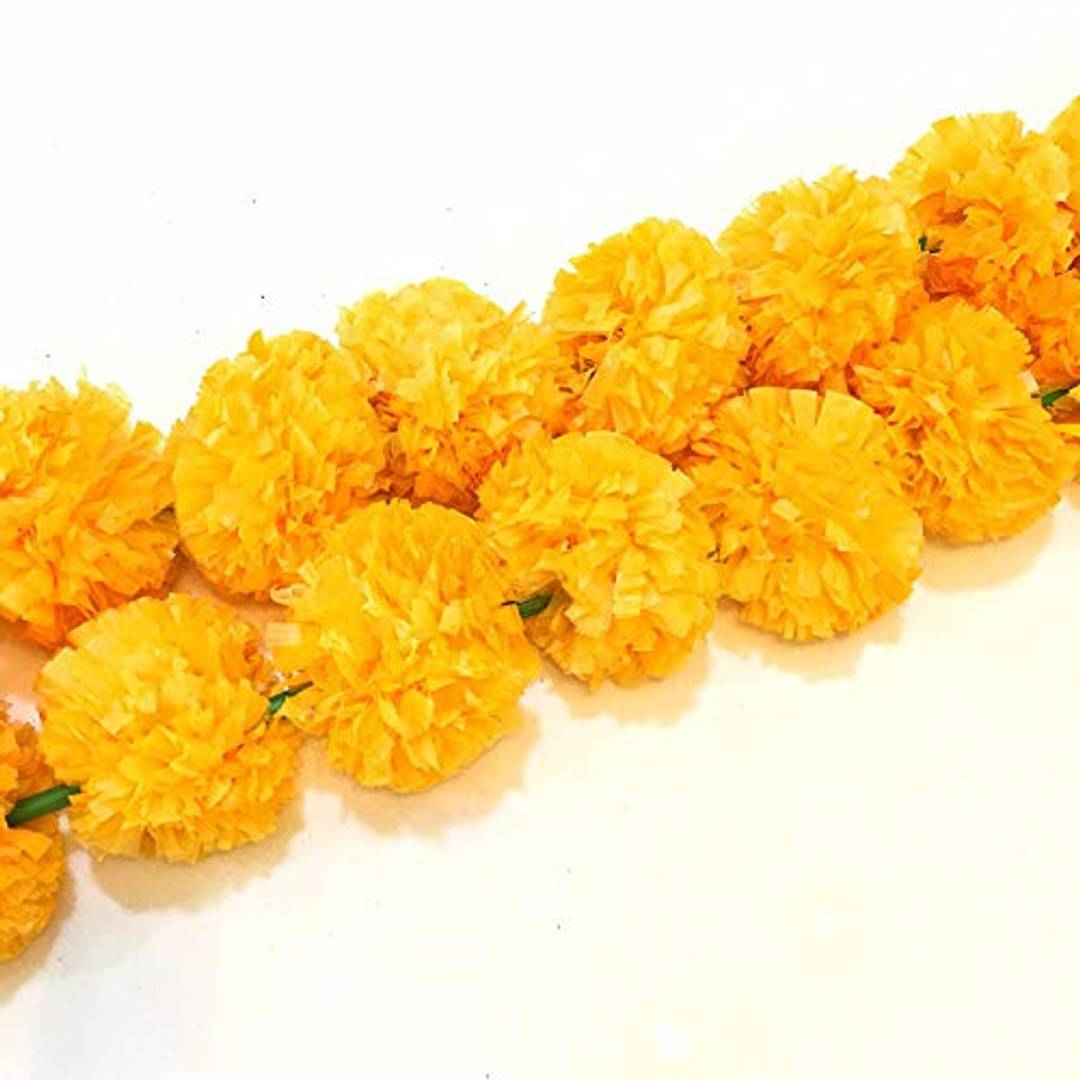 Marigold Flower Mala | Genda Phool Mala (Set Of 8) Wall Hanging | Special Occasion Decoration | Home Decor Pooja | Office | Festival Decorative (4.5 Ft Each) (30 Flower In Each String) Mango Colour