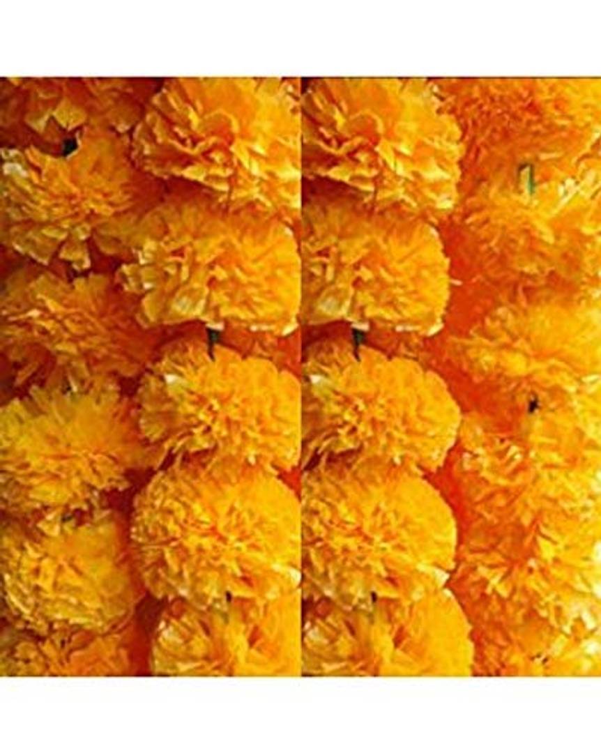 Marigold Flower Mala | Genda Phool Mala (Set Of 8) Wall Hanging | Special Occasion Decoration | Home Decor Pooja | Office | Festival Decorative (4.5 Ft Each) (30 Flower In Each String) Mango Colour