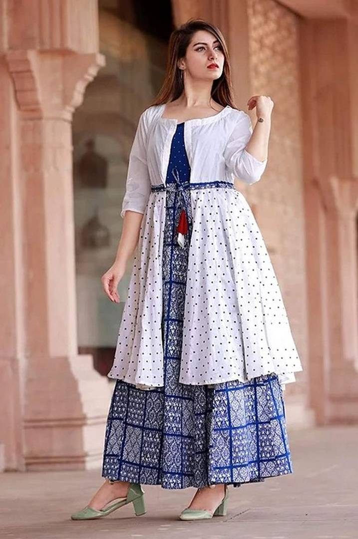 Women's Rayon Printed Regular Anarkali Kurti with Shrug/Jacket