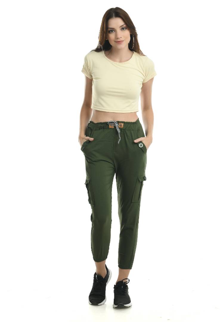 Stylish Green Cotton Blend Self Design Cargo For Women