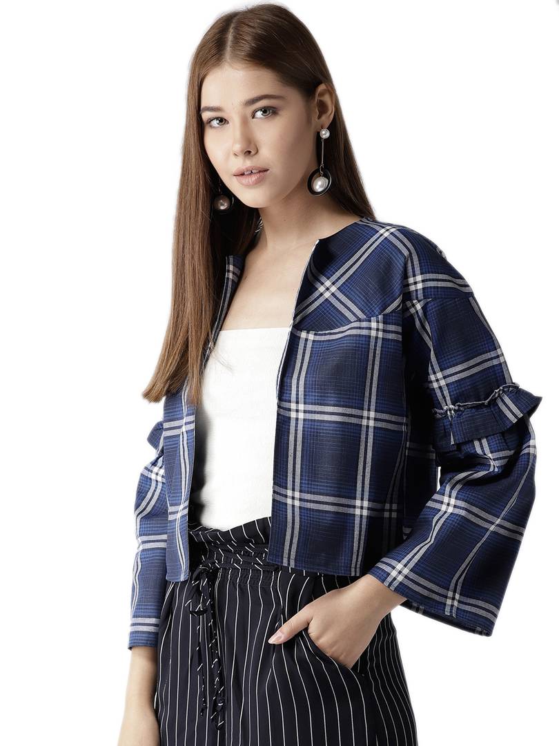 Elegant Navy Blue Cotton Checked Straight Shrugs For Women
