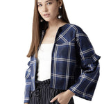 Elegant Navy Blue Cotton Checked Straight Shrugs For Women