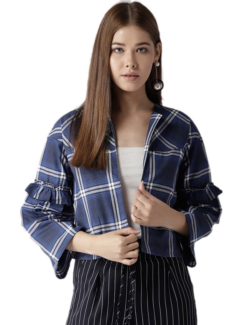 Elegant Navy Blue Cotton Checked Straight Shrugs For Women