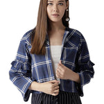 Elegant Navy Blue Cotton Checked Straight Shrugs For Women