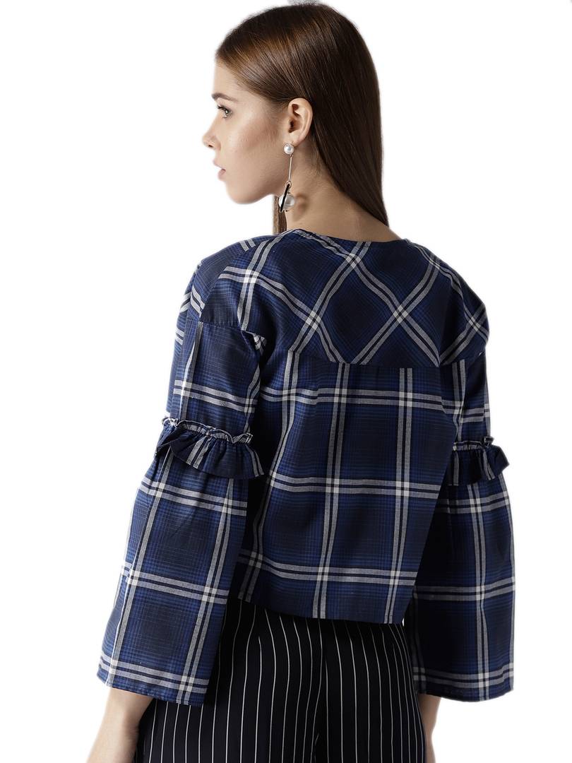 Elegant Navy Blue Cotton Checked Straight Shrugs For Women
