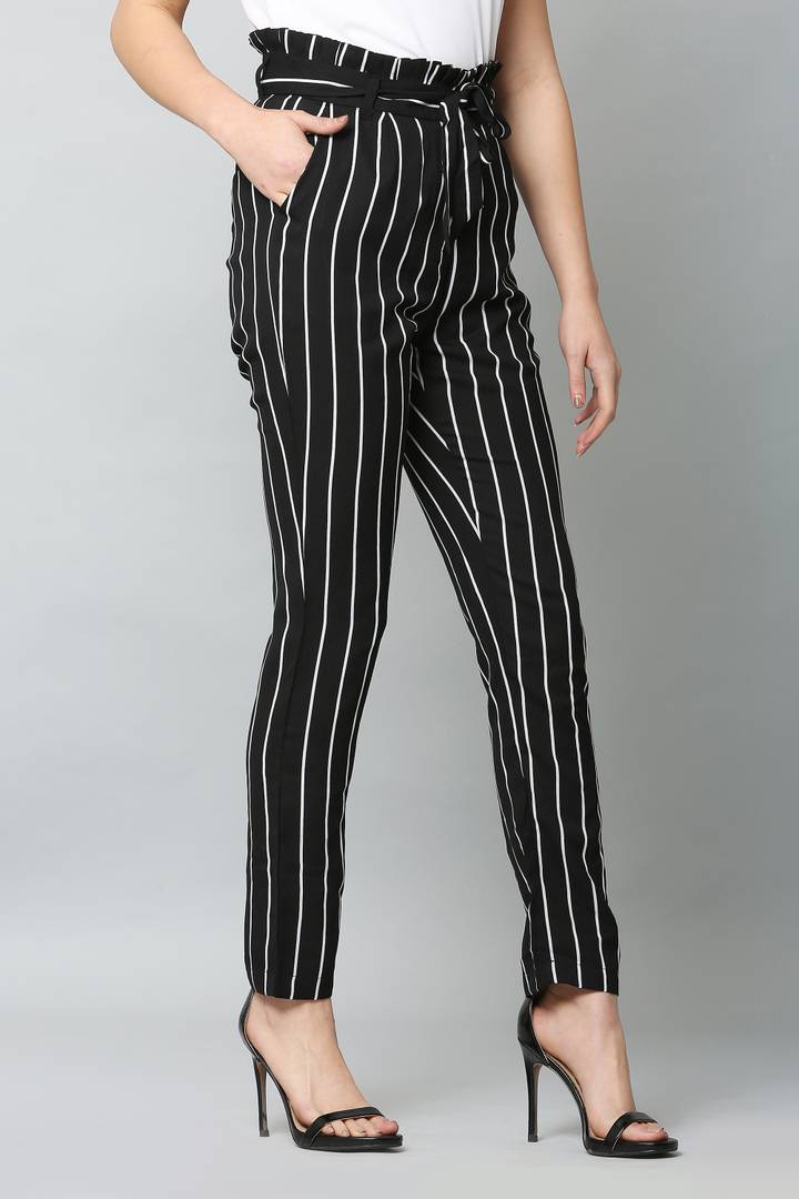 Stylish Polyester Black Striped Full Length Trouser For Women