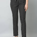 Stylish Polyester Black Striped Full Length Trouser For Women