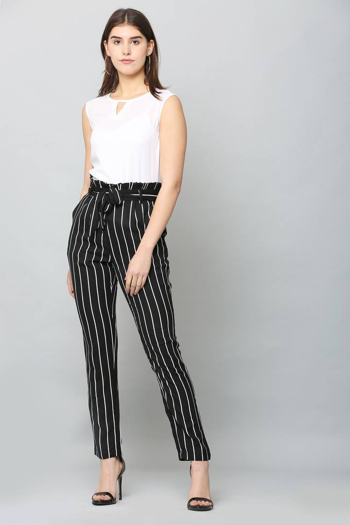 Stylish Polyester Black Striped Full Length Trouser For Women
