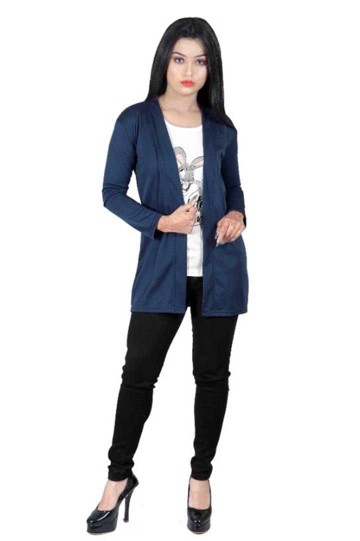 Stylish Polyester Royal Blue Solid Long Sleeves Straight Shrug For Women