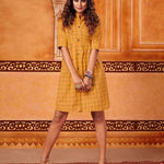 Stunning Yellow Cotton Checked Knee Length Dress For Women