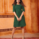 Stunning Green Cotton Checked Knee Length Dress For Women