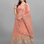 Peach Embroidery And Sequence Work Net And Crepe  Lehenga Choli With Unstitched Blouse