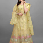 Yellow Embroidery And Sequence Work Net And Crepe  Lehenga Choli With Unstitched Blouse