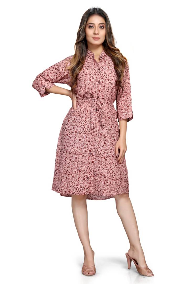 Fabulous Peach Crepe Printed Knee Length Dress For Women