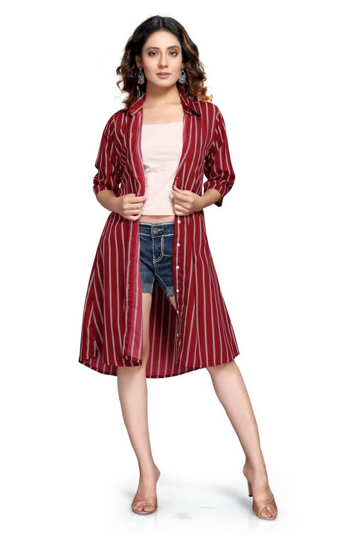 Fabulous Maroon Crepe Striped Knee Length Dress For Women