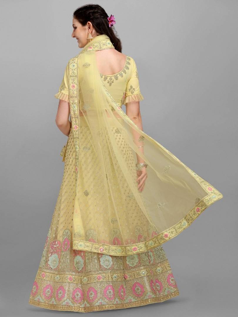 Yellow Embroidery And Sequence Work Net And Crepe  Lehenga Choli With Unstitched Blouse