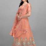 Peach Embroidery And Sequence Work Net And Crepe  Lehenga Choli With Unstitched Blouse