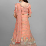 Peach Embroidery And Sequence Work Net And Crepe  Lehenga Choli With Unstitched Blouse