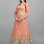 Peach Embroidery And Sequence Work Net And Crepe  Lehenga Choli With Unstitched Blouse