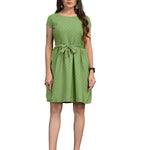 Stylish American Crepe Green Polka Dot Print Round Neck Short Sleeves Dress For Women
