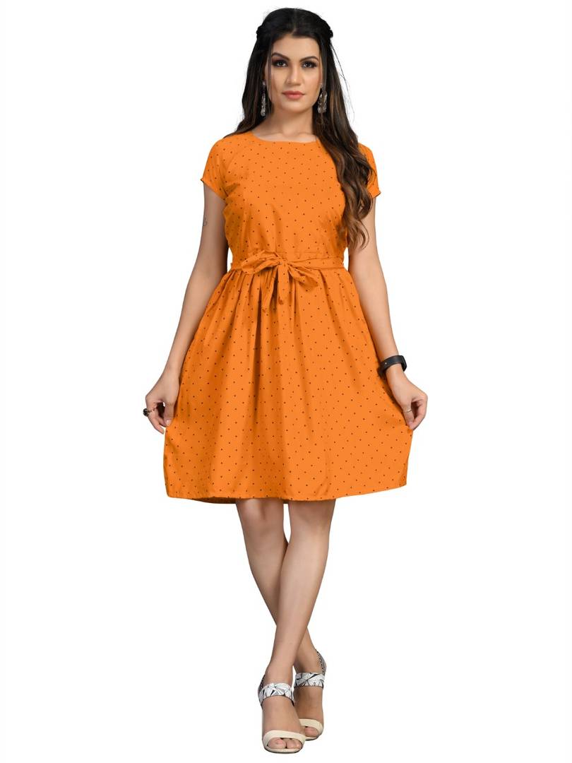 Stylish American Crepe Mustard Polka Dot Print Round Neck Short Sleeves Dress For Women