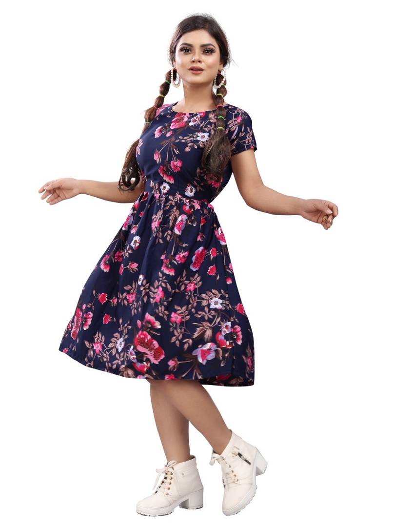 Stylish American Crepe Navy Blue Floral Print Round Neck Short Sleeves Dress For Women