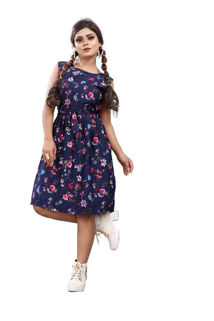 Stylish American Crepe Navy Blue Floral Print Round Neck Sleeveless Dress For Women